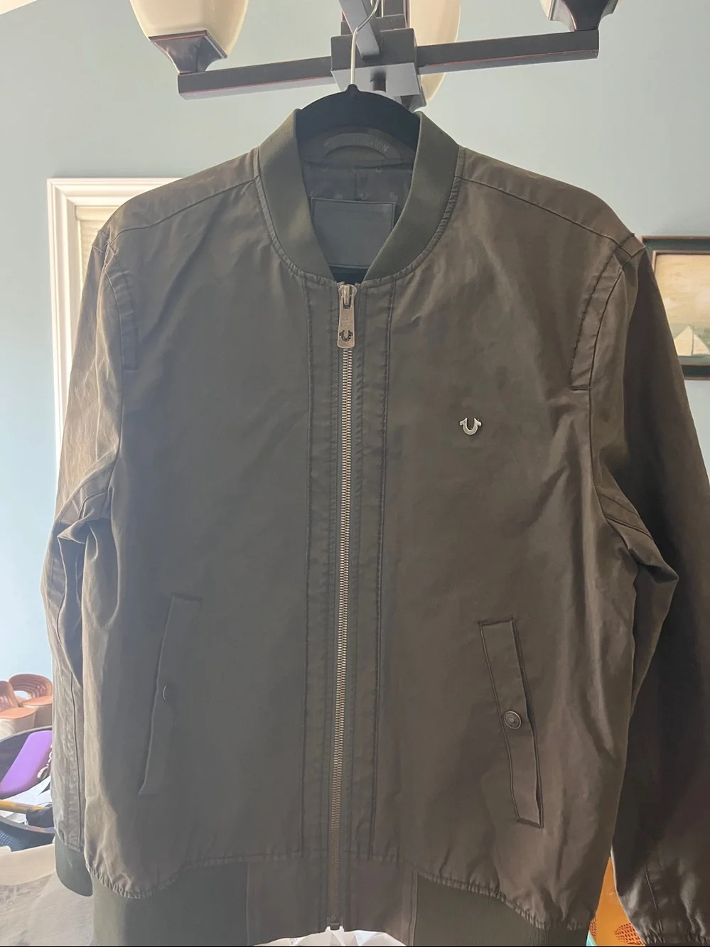 True Religion Waxed Bomber in Military Olive